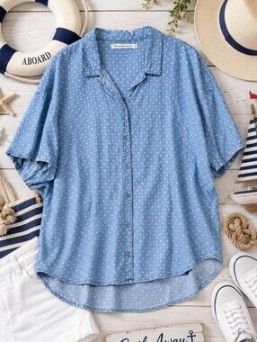 Standard Grace Plus Size 3x: Polka Dot Button-Down Shirt - Relaxed Collared Top